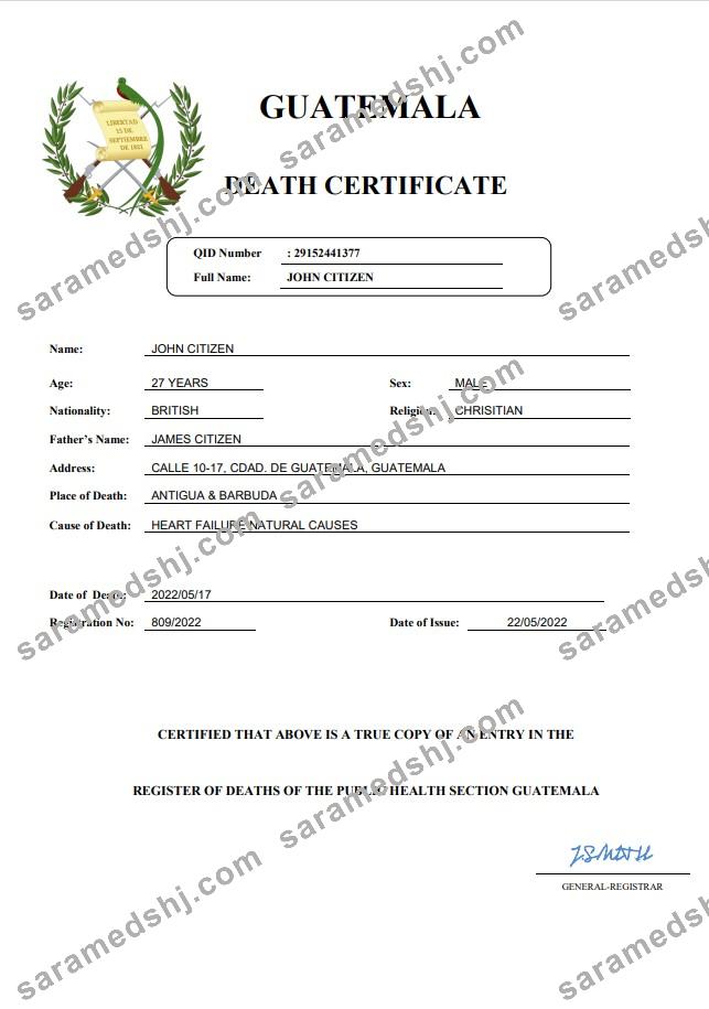 Guatemala death certificate Word and PDF template